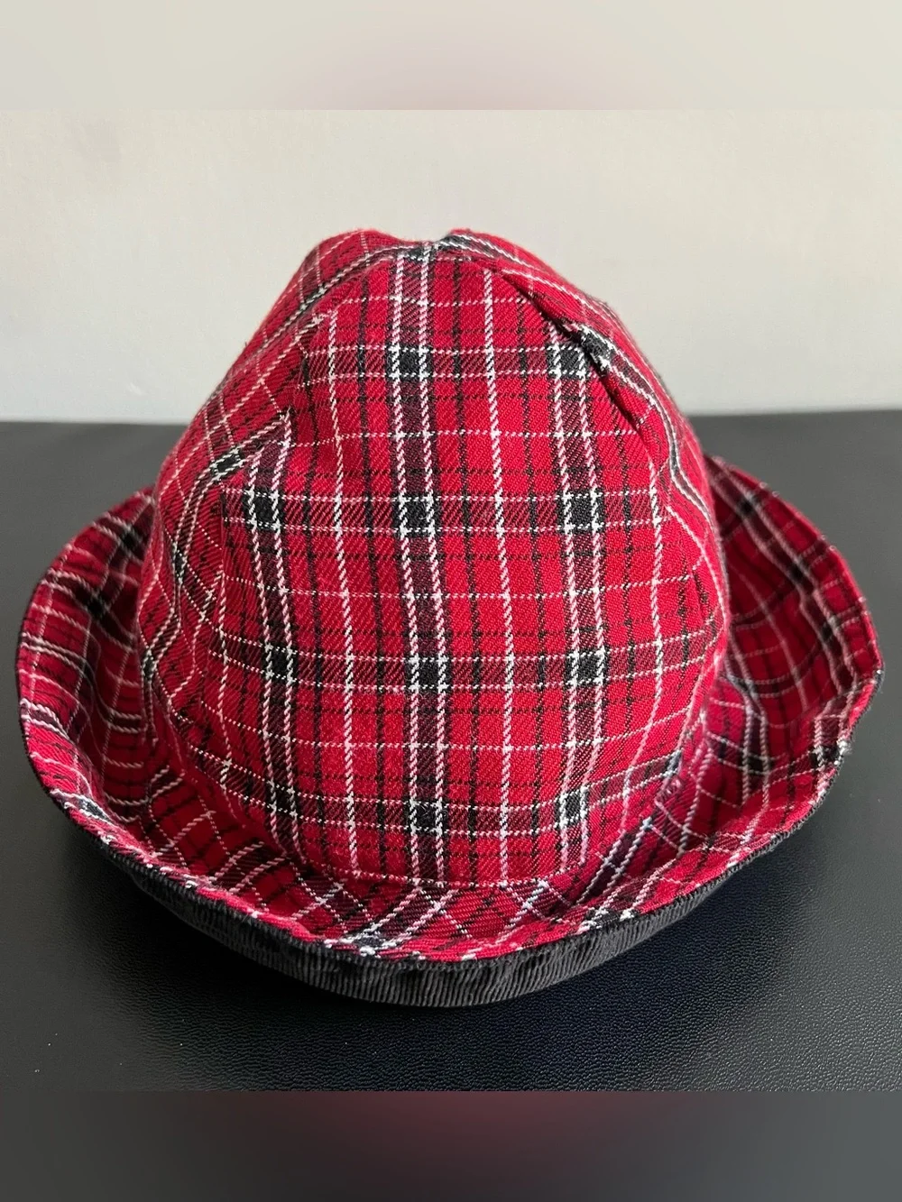 Kid’s Red Tartan Plaid & Black Corduroy Bucket Hat Child’s Cap